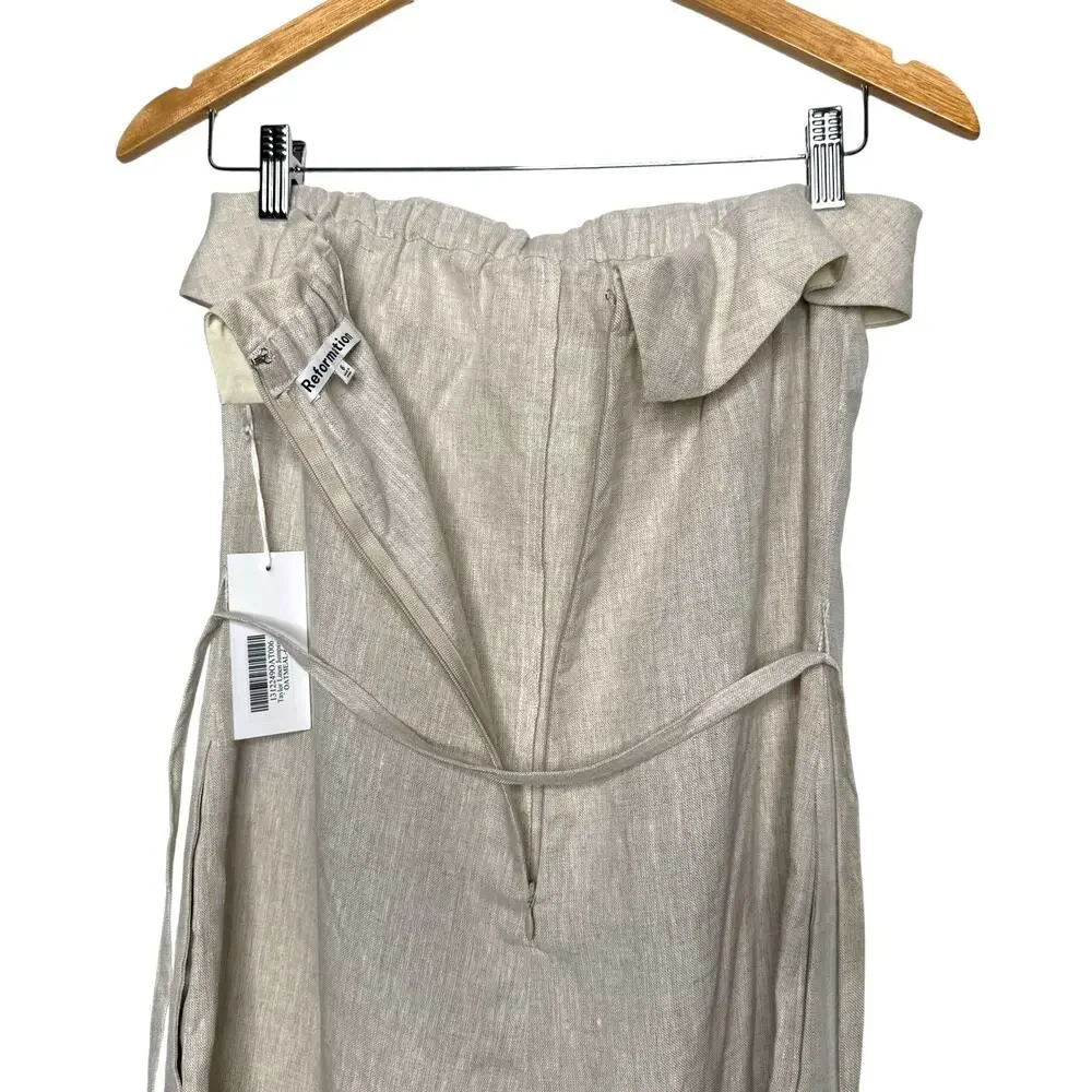 Reformation Oatmeal Size 6 Strapless Jumpsuit Linen Wide Leg Tie Waist Resort